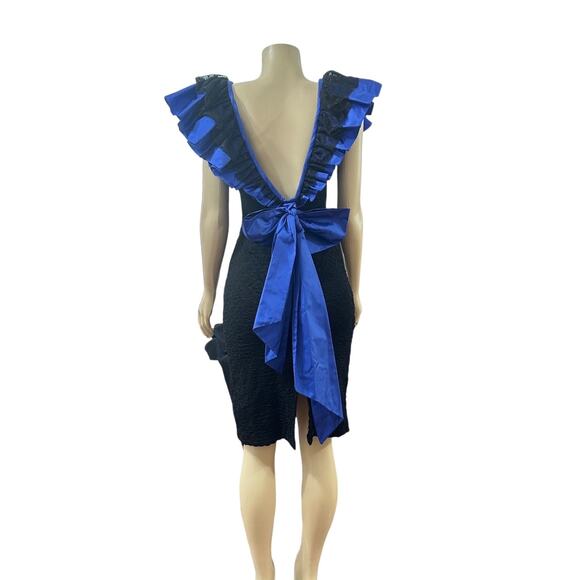 Vintage 80s Glam Cocktail Prom Dress Womens Small Black Blue Short Bow Ruffle - Picture 7 of 12
